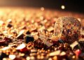 An extreme close-up photograph of glittering sequins and shattered glass reflecting dramatic studio lighting, conceptually representing the glamour and energy of A$AP Rocky's live performance.