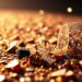 An extreme close-up photograph of glittering sequins and shattered glass reflecting dramatic studio lighting, conceptually representing the glamour and energy of A$AP Rocky's live performance.