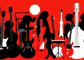 A minimalist, abstract illustration featuring jagged, geometric shapes in bold red and black, conceptually representing a variety of musical instruments and genres without using any text or literal imagery.