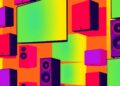 A vibrant, high-contrast silkscreen print featuring a repeated pattern of a large flatscreen television in neon pink, orange, and blue hues, conceptually representing the premium home theater technology offered by Advanced Home Theater.