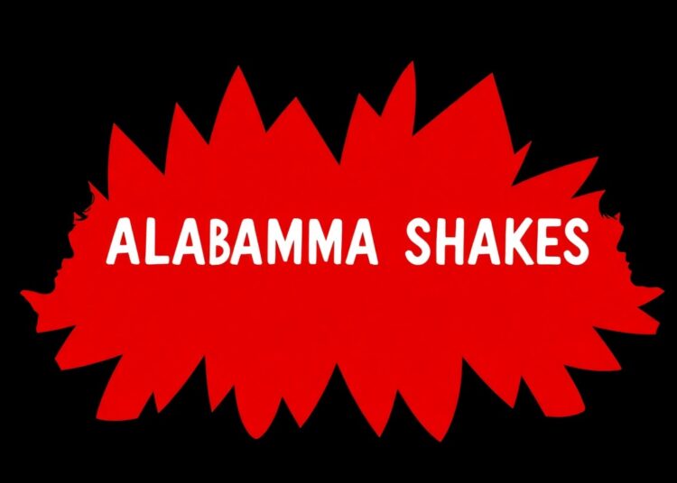 An abstract, minimalist illustration featuring overlapping black silhouettes of the members of Alabama Shakes against a bold red background, conveying the band's raw energy and social commentary.