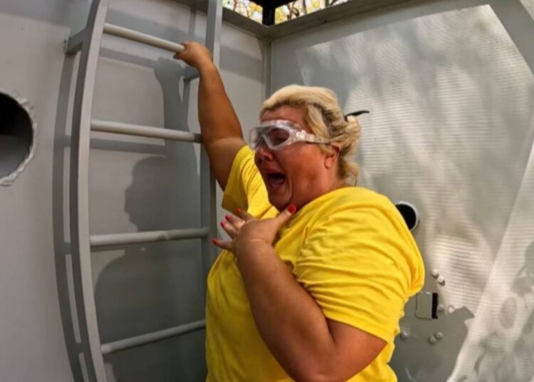An individual in a yellow shirt and white goggles is leaning against a ladder affixed to a wall, possibly engaged in a maintenance task.