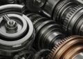 A highly detailed, cinematic close-up of heavy, industrial banking machinery and gears in shades of steel grey, bronze, and black, conveying a sense of institutional financial power and security.