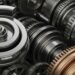 A highly detailed, cinematic close-up of heavy, industrial banking machinery and gears in shades of steel grey, bronze, and black, conveying a sense of institutional financial power and security.