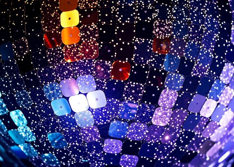 An abstract close-up image featuring a dramatic, high-contrast composition of shimmering sequins and glittering disco ball textures, capturing the glamorous and celebratory mood of a musical comeback.