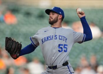 Kansas City Royals pitcher Cole Ragans throws against the Detroit Tigers during the first inning of a baseball game Tuesday, April 14, 2026, in Detroit.