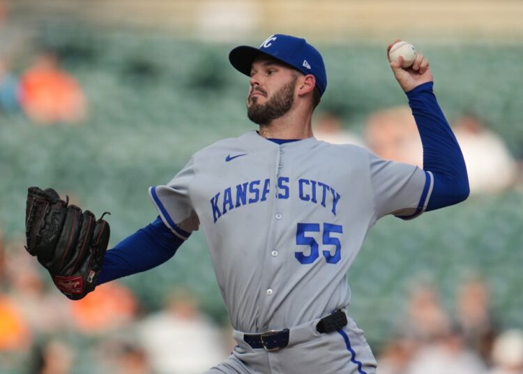 Kansas City Royals pitcher Cole Ragans throws against the Detroit Tigers during the first inning of a baseball game Tuesday, April 14, 2026, in Detroit.