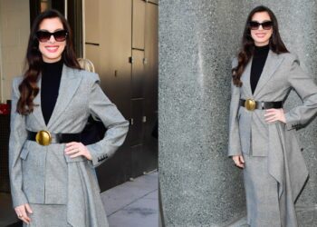 Anne Hathaway Gives Checked Tailoring an Asymmetric Twist in New York