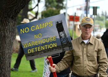 The "Communities Not Cages: National Day of Action to Stop ICE Warehouse Detention" protest, sponsored by Vacaville Indivisible Official, took place on April 25 at Vacaville City Hall. (Kathy Keatley Garvey photo)