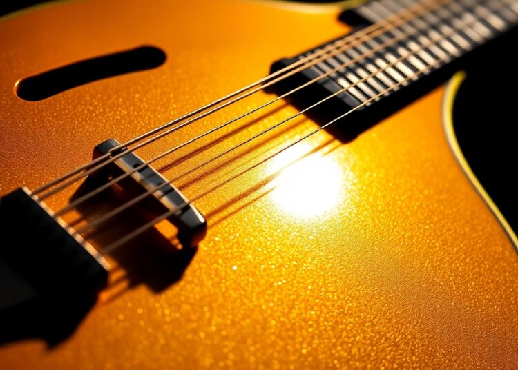 An extreme close-up photograph of a shimmering, golden mandolin, capturing the intricate textures and dramatic lighting to conceptually represent the virtuosity of a classical music performance.