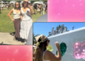 Two images against a pink background: Kelsey and Krista in front of festival tents; Kelsey throwing a dart at balloons.