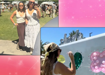 Two images against a pink background: Kelsey and Krista in front of festival tents; Kelsey throwing a dart at balloons.