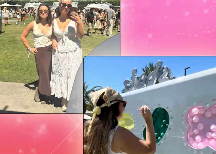 Two images against a pink background: Kelsey and Krista in front of festival tents; Kelsey throwing a dart at balloons.