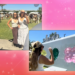 Two images against a pink background: Kelsey and Krista in front of festival tents; Kelsey throwing a dart at balloons.