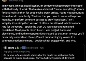 A tweet by Aubrey O'Day discussing cancel culture, ethics, and personal experiences in the music industry, with a reply questioning her stance.
