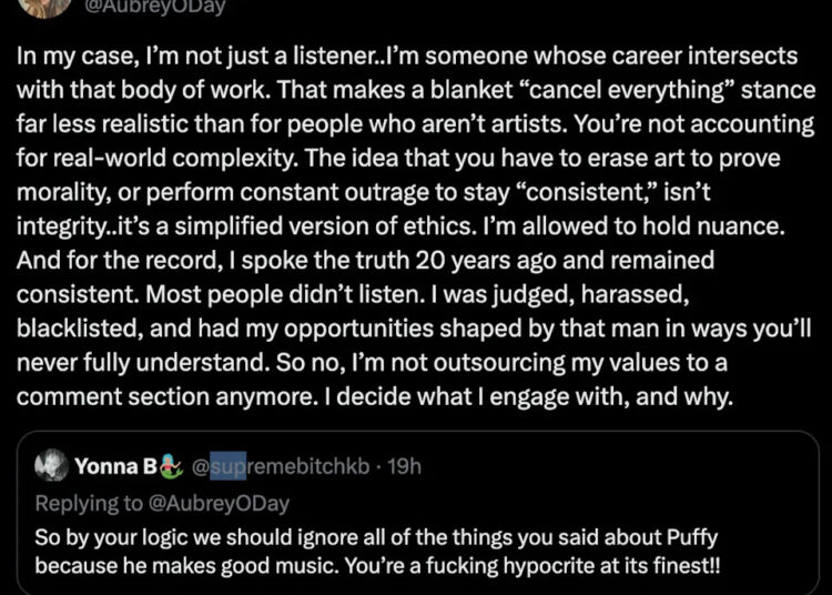 A tweet by Aubrey O'Day discussing cancel culture, ethics, and personal experiences in the music industry, with a reply questioning her stance.