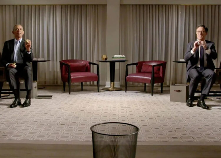 Obama and Stephen Colbert on 'The Late Show' in 2020Credit: CBS