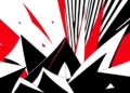 An abstract, minimalist illustration featuring sharp, angular shapes in black, white, and red, conveying the diverse and dynamic entertainment offerings in Baton Rouge.