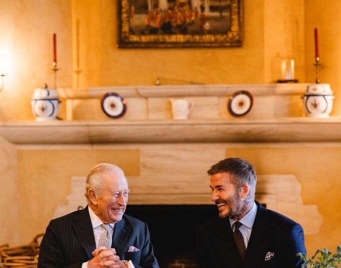 The King and Sir David Beckham in The Orchard Room at Highgrove discussing RHS Chelsea