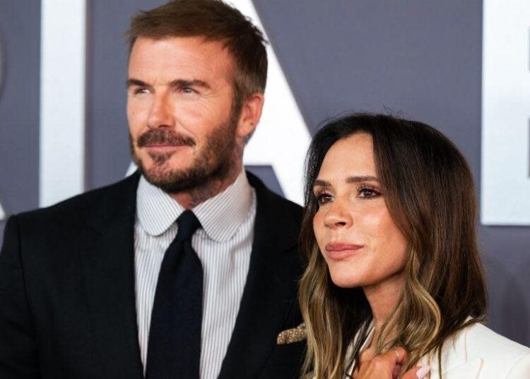Victoria Beckham and David Beckham attend the "Victoria Beckham" World Premiere at the Curzon Mayfair on October 08, 2025 in London, England