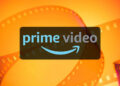 Prime Video logo on a orange film reel background.