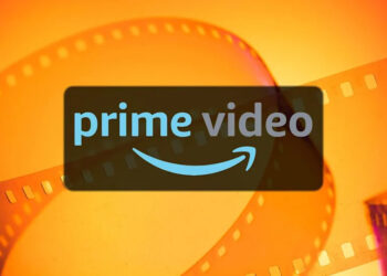 Prime Video logo on a orange film reel background.
