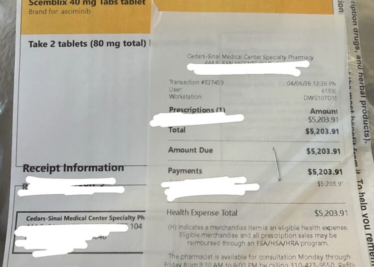 Prescription paperwork from Cedars-Sinai Medical Center with a note questioning accusations of lying about cancer for money.