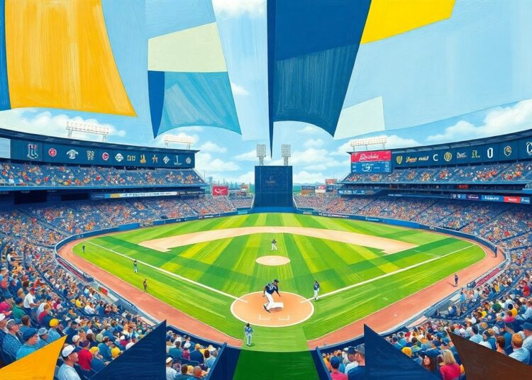 A fragmented, geometric painting depicting a baseball game in motion, with overlapping shapes and planes representing the dynamic action on the field.