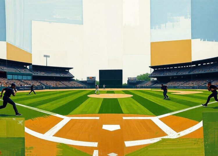 A cubist, geometric painting depicting the fragmented elements of a baseball game - the diamond, players, and field - in an abstract, deconstructed style.