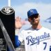 Kansas City Royals shortstop Bobby Witt Jr. (7) is awarded the Silver Slugger before the home opener against the Minnesota Twins on Monday, March 30, 2026, in Kansas City.