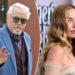 An image collage containing 2 images, Image 1 shows Actor Brian Cox wearing a light blue blazer, maroon vest, and patterned neck scarf, waving to the camera, Image 2 shows Margot Robbie at the