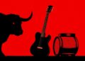An abstract illustration featuring black silhouettes of a bull, a guitar, and a barrel against a bright red background, representing the mix of rodeo events and country music performances at the Bulls, Bands & Barrels event.