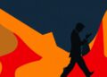 An abstract, minimalist illustration featuring bold, jagged shapes in shades of red, ochre, and blue, conceptually representing the passionate movement and emotional connection of Argentine tango.