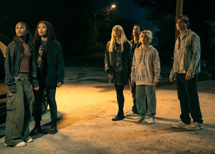 Keeya King (Annabeth Moreau), Jaz Sinclair (Marie Moreau), Maddie Phillips (Cate Dunlap), Derek Luh (Jordan Li), Lizze Broadway (Emma Meyer), and Asa Germann (Sam) on 'Gen V' season 2Credit: Amazon