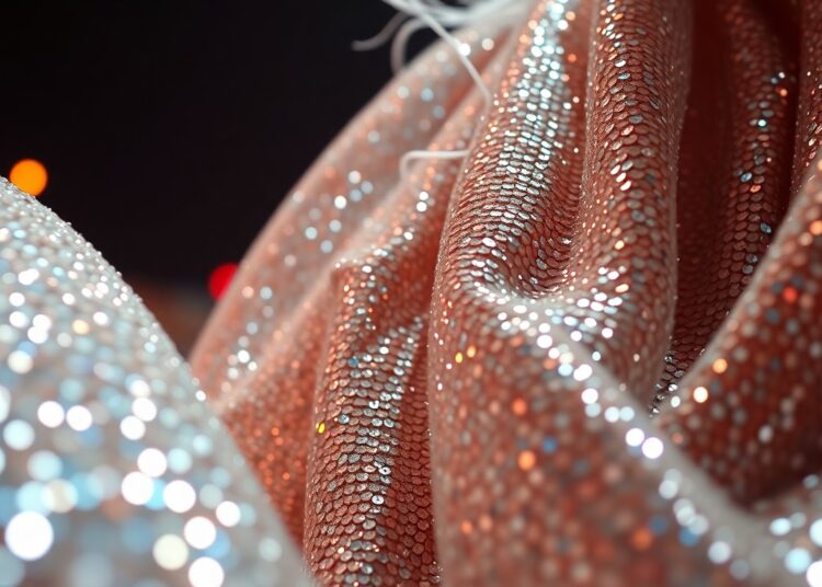 An abstract close-up photograph featuring a textured, high-contrast pattern of shimmering sequins and metallic fabrics, evoking the glamour and energy of the Coachella music festival.