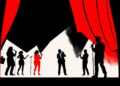 An abstract, minimalist illustration featuring bold, jagged geometric shapes in high-contrast colors, representing the idea of a theater stage and local celebrities performing.