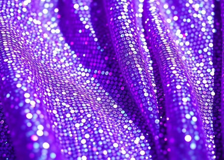 An extreme close-up photograph of shimmering purple sequins and glittering fabric, capturing the glamorous and high-energy atmosphere of a major music festival performance.