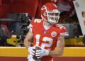 Jan 20, 2019; Kansas City, MO, USA; Kansas City Chiefs wide receiver Gehrig Dieter (12) celebrates after scoring a touchdown against the New England Patriots during the second half of the AFC Championship game at Arrowhead Stadium. Mandatory Credit: Denny Medley-Imagn Images