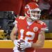Jan 20, 2019; Kansas City, MO, USA; Kansas City Chiefs wide receiver Gehrig Dieter (12) celebrates after scoring a touchdown against the New England Patriots during the second half of the AFC Championship game at Arrowhead Stadium. Mandatory Credit: Denny Medley-Imagn Images