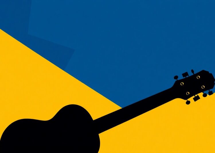 A striking abstract composition of jagged, geometric shapes in deep blue and bright yellow, conveying the idea of preserving the legacy of country music while championing its future.