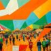 A fragmented, geometric painting in bold colors depicting an abstract scene of a county fair, with figures and objects broken down into angular, overlapping shapes.