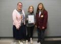 Brooklyn Rider, Prairie Grove Middle School student and first place winner of the Division I Arkansas State Elks Americanism Essay Contes (center), is joined by Heather Larsen, fifth grade teacher (left) and Marge Guist, Elks Lodge 1987 Americanism chair. 
Mrs. Larsen, 5th grade teacher at , Brooklyn Rider, and Marge Guist.
In Division I (5th grade division): Brooklyn Rider of Prairie Grove Middle School took first place

(Submitted photo)