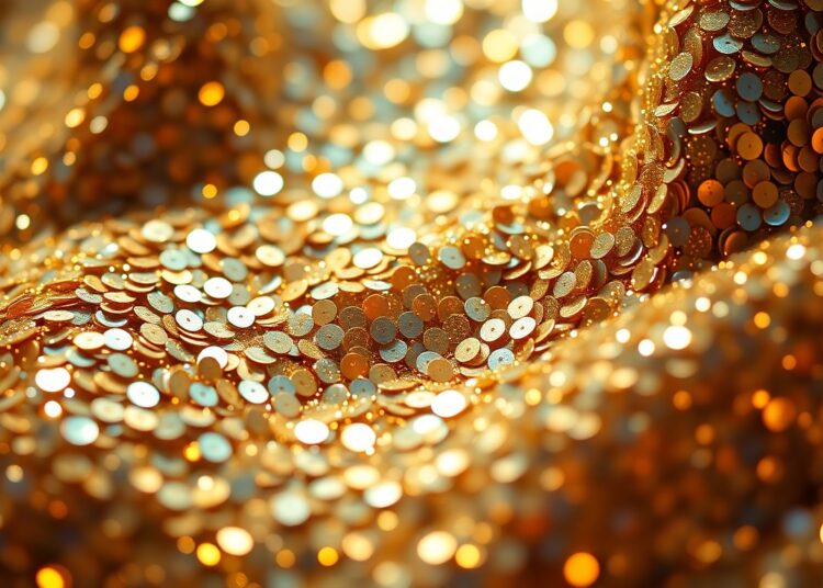 An extreme close-up photograph of shimmering sequins and metallic fabrics, capturing the luxurious, high-fashion aesthetic of the Coachella music festival.