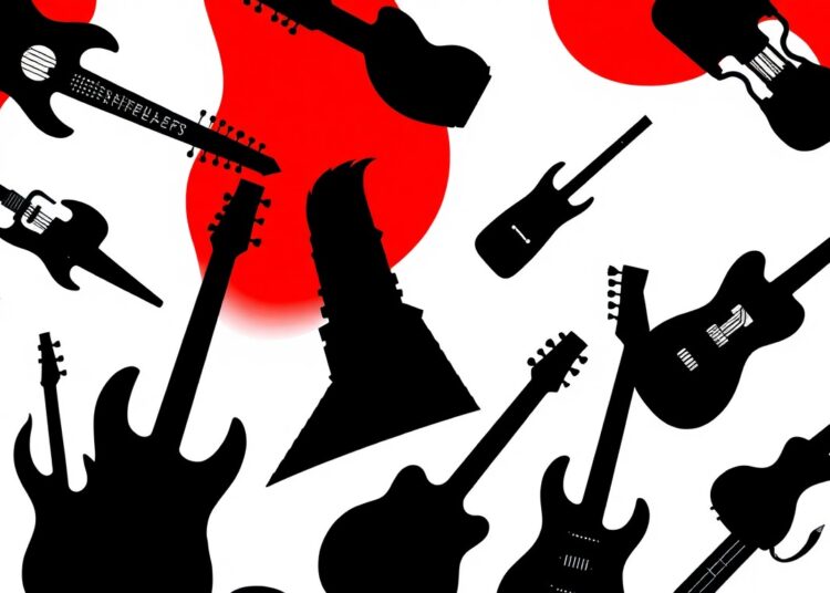 A striking abstract illustration featuring black silhouettes of various musical instruments, including guitars, drums, and horns, arranged in a dynamic, overlapping composition against a high-contrast background of solid red and white colors, conceptually representing the energy and diversity of a major music festival.