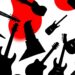 A striking abstract illustration featuring black silhouettes of various musical instruments, including guitars, drums, and horns, arranged in a dynamic, overlapping composition against a high-contrast background of solid red and white colors, conceptually representing the energy and diversity of a major music festival.