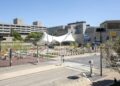 An overview of Crown Center is visible from The Link on Tuesday, April 21, 2026, in Kansas City.