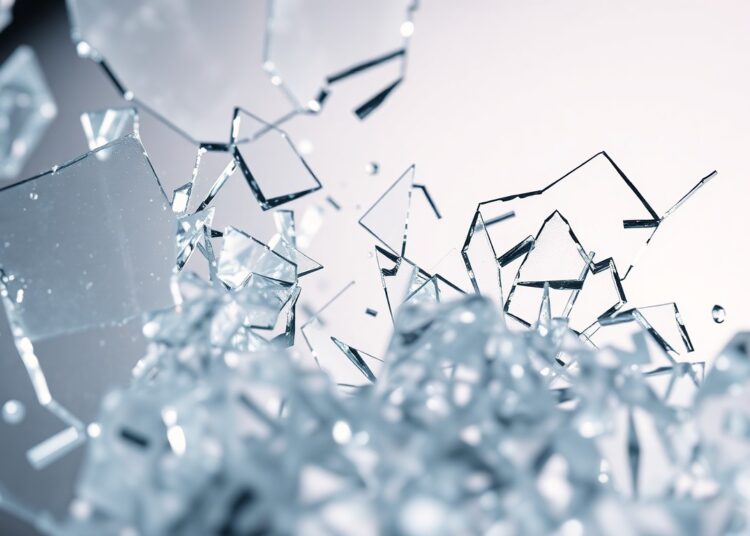 An abstract close-up photograph of shattered glass shards reflecting dramatic studio lighting, conveying the fragility of mental health.