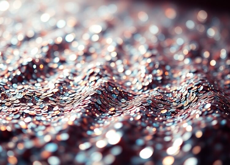 An extreme close-up of shimmering sequins in dramatic, high-contrast studio lighting, conceptually representing the glitz and glamour of Bollywood celebrity culture.