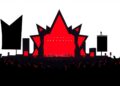 An extreme, abstract composition of sharp, angular black shapes against a bright red background, conceptually representing the energy and excitement of a major music event at an iconic outdoor venue.