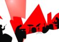 A striking abstract composition of jagged red and white geometric shapes, conceptually representing the fusion of diverse musical genres and styles featured in the classical music events across Cleveland this weekend.